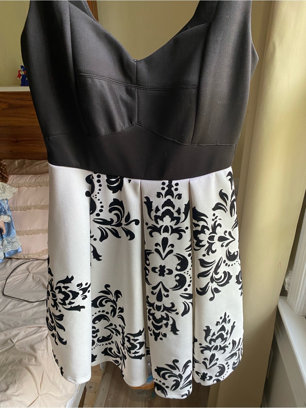 Trixxi Black Bodice White Mini dress with Black Damask Print